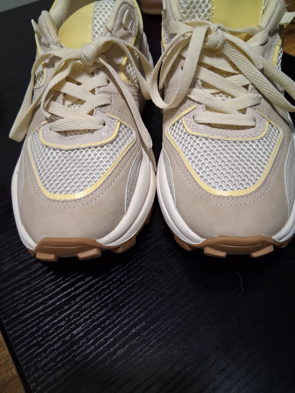 Beige and Pale Yellow Mesh Suede Lace-Up Sneakers